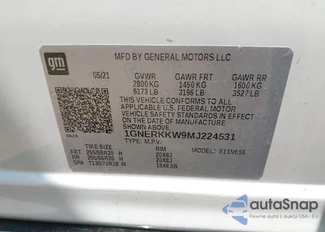 2021 Chevrolet Traverse Premier из США, поврежденный, VIN 1GNERKKW9MJ224531